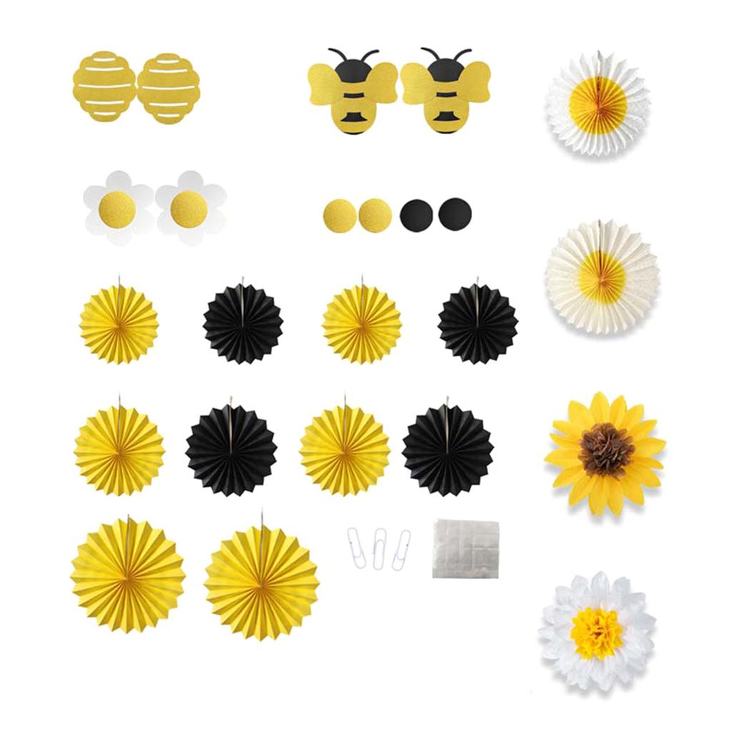 14Pieces Biodegradable Sunflower Bees Paper Fan Decorations Functional Party Backdrops for Indoor Outdoors Use