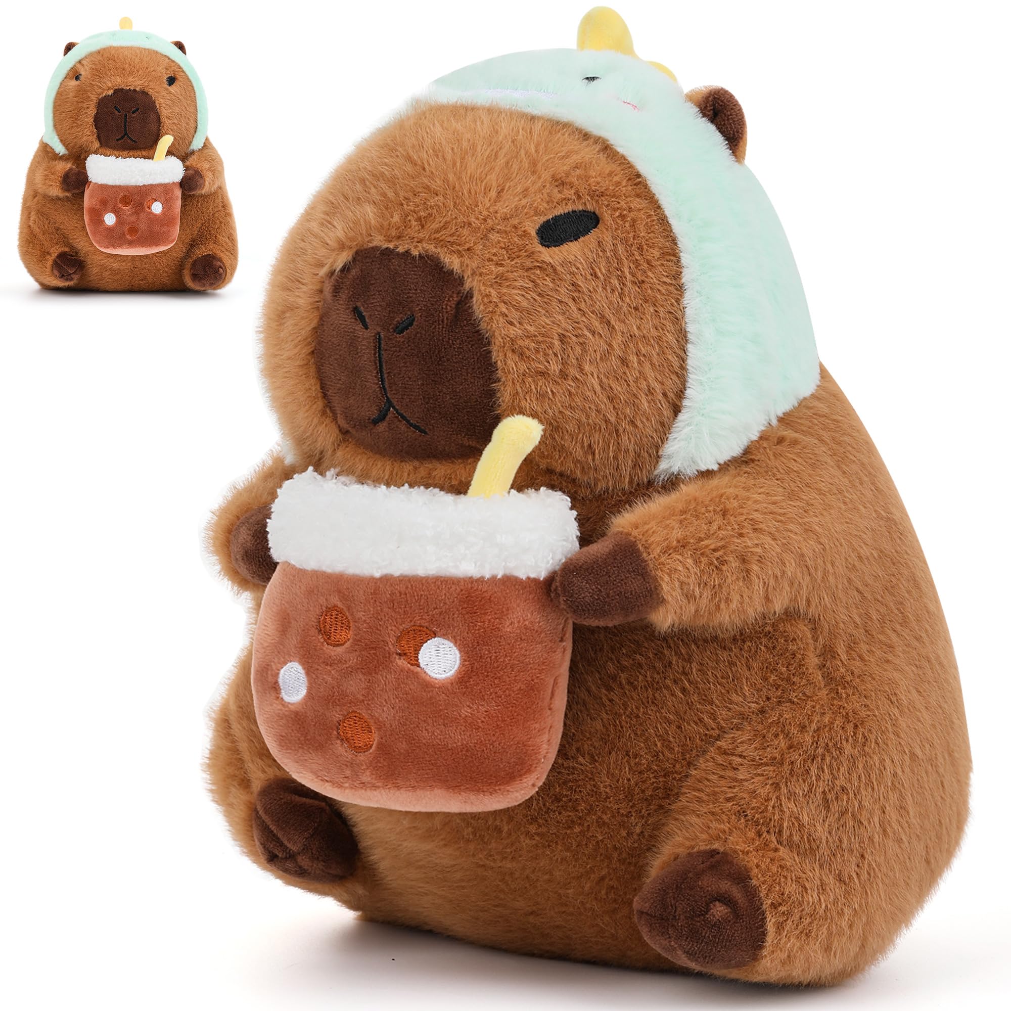

12.6-inch Capybara Plush Toy, Cute Capybara with Dinosaur Hat and Milk Tea Capybara Doll, Cushion, Halloween or Birthday Gift for Kids, Boys, Girls,