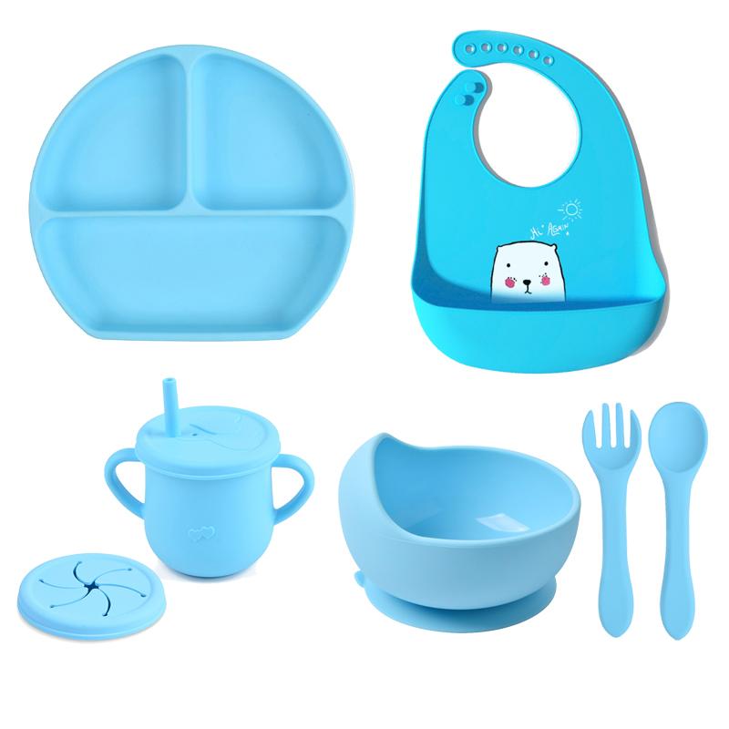 7pcs/set Baby Silicone Tableware Cartoon Printed Bibs Sucker Bowl Plate Cup Spoon Fork Sets Non-slip Children's Dishes BPA Free