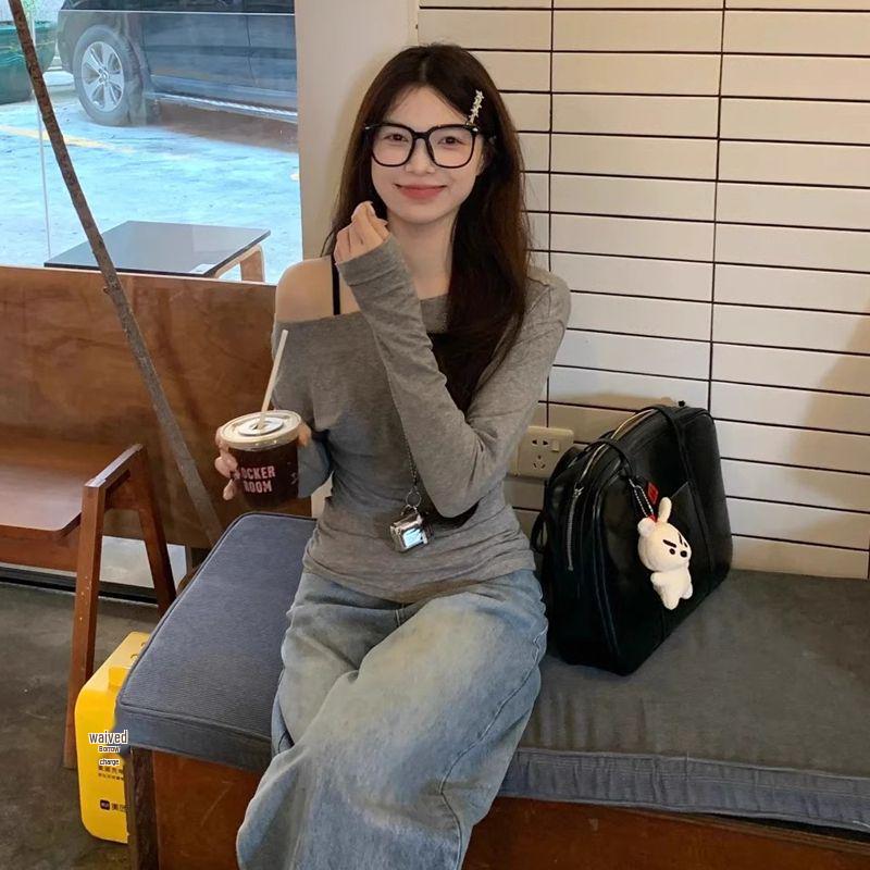 

Women s Off-Shoulder Long-Sleeve Pure Cotton Crop Top – Chic, Slim Fit, Autumn Style L