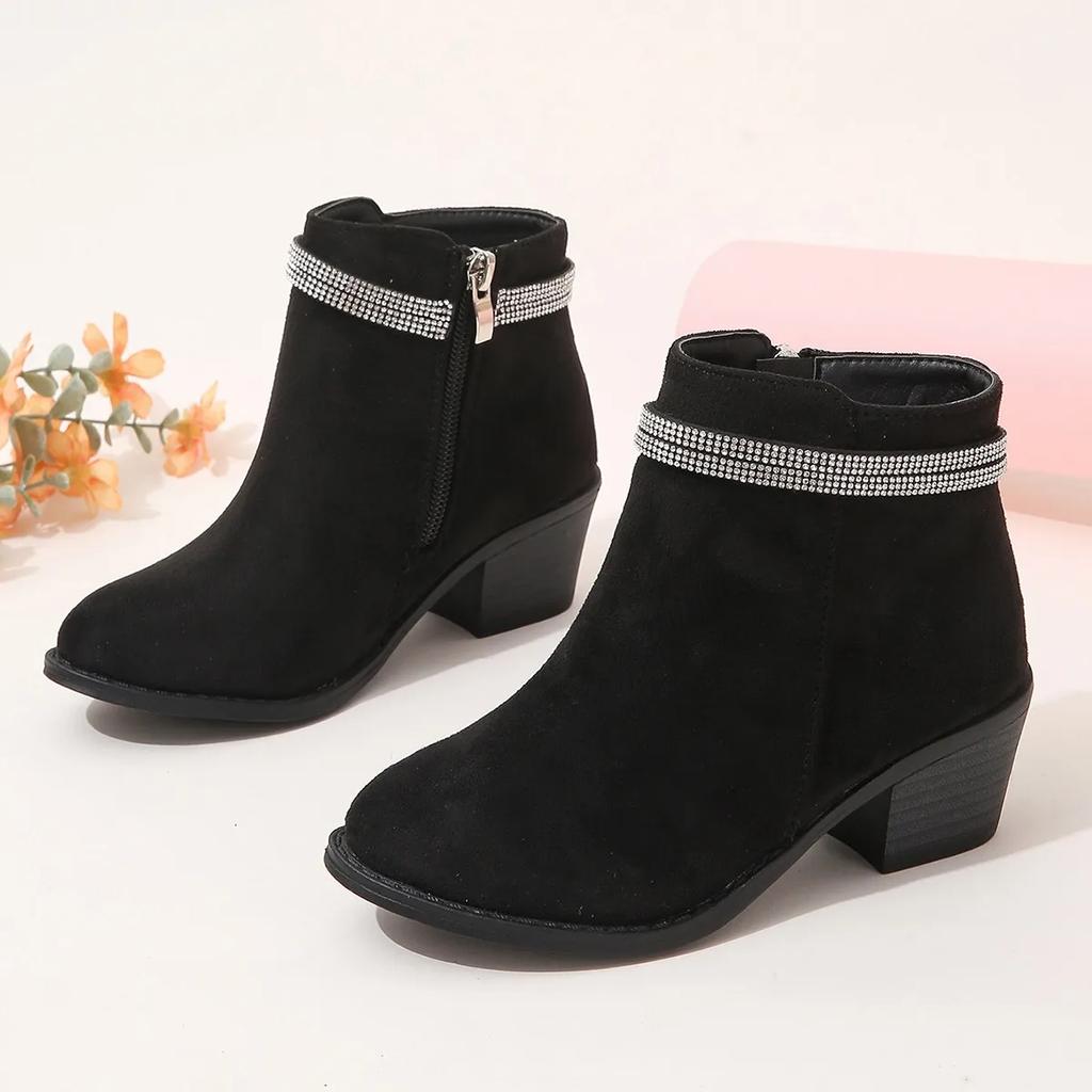 Girls Boots Low Heels Rhinestones Versatile Fashion Children Fashion Leather Boots Simple Side Zipper Chic 2024 Kids Boots Cute