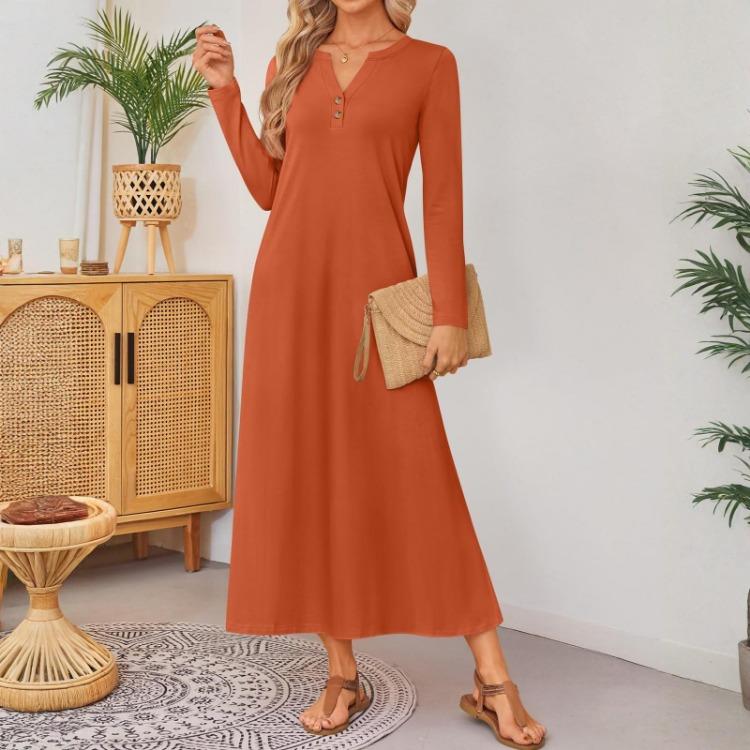 Loose Elegant Women Long Sleeved Comfortable Solid Color Dress