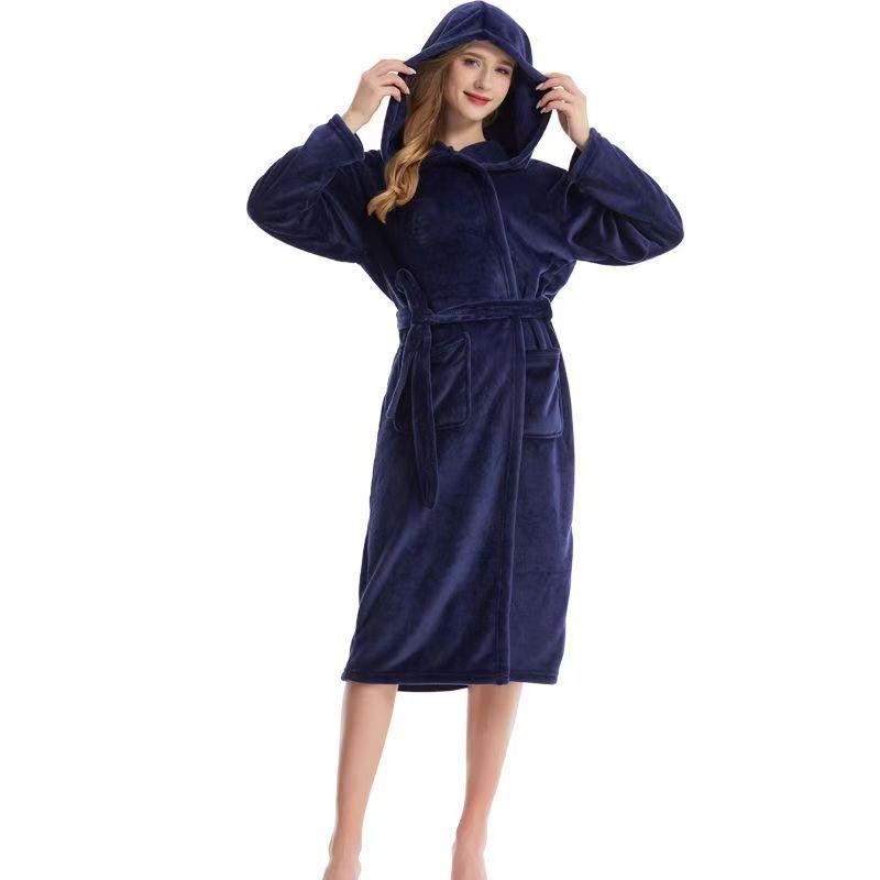 Damen Flanell Morgenmantel in mittlerer Länge: Plüschiger Samt Dicker Korallenfleece Yukata für Herbst und Winter.