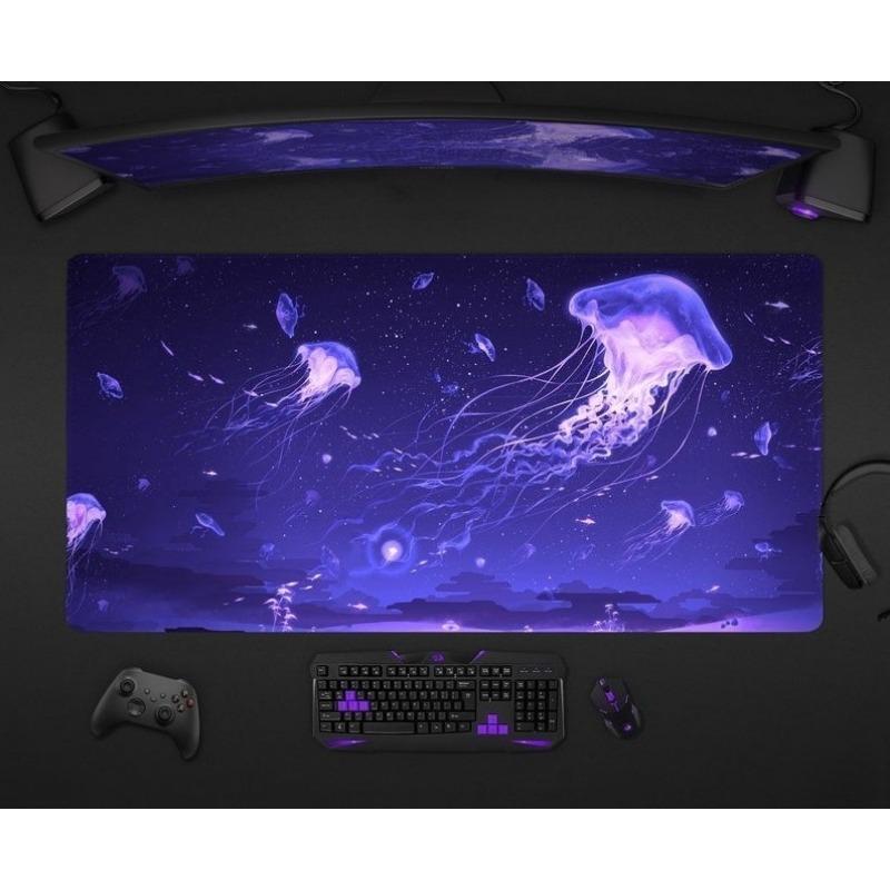 Jellyfish Desk Mat Anime Aesthetic Mouse Pad Space Ocean Purple XXL Large Gaming Deskmat Rgb Led Light Glow Big Long Mousepad