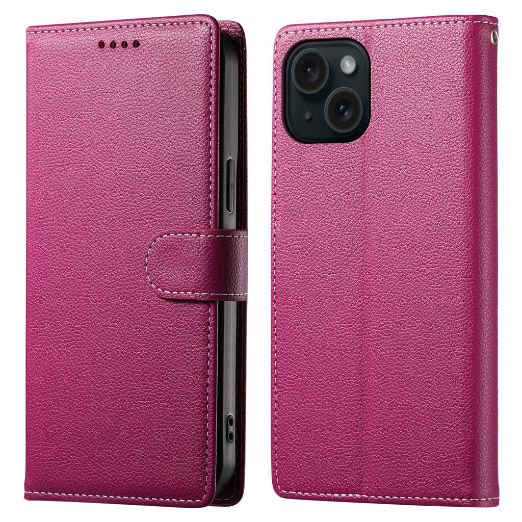 DF-012 For iPhone 15 Case Litchi Texture Leather Magnetic Clasp Wallet Stand Phone Cover