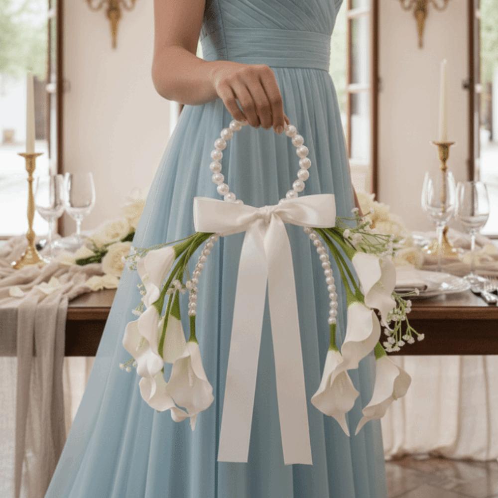 Satin Bowknot Wedding Flowers White Blossom Top Handle Bouquet Bridal Bouquet  Engagement Party