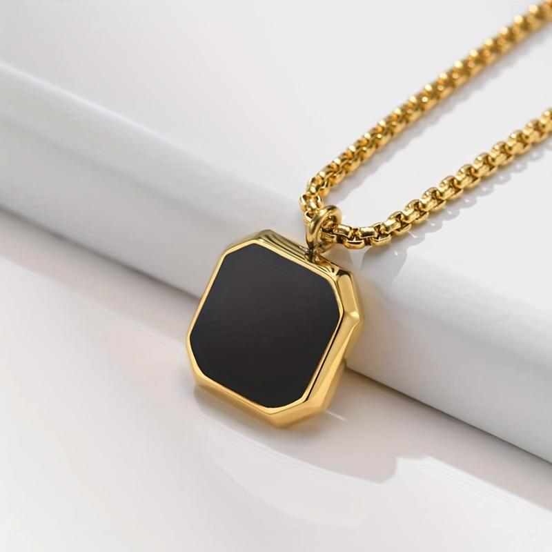 A Stainless Steel Geometric Square Pendant Necklace Set with Black Synthetic Zircon - a Minimalist Modern Square Bezel Jewelry Piece.