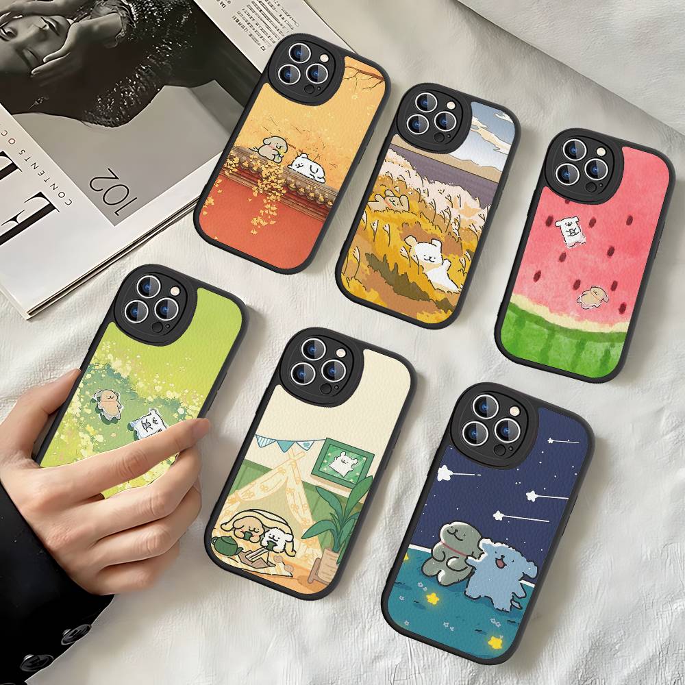 Line CARTOON P-PuppyS PU Leather Phone Case For IPhone 16 15 14 13 12 11 Pro Max Plus Back Fundas