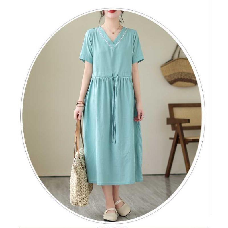 V-neck Mid-length Dress Summer New Retro Literary Large Swing A-line Skirt
