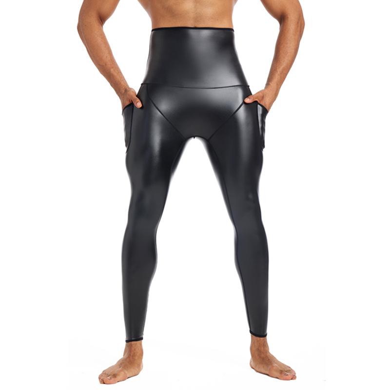 Pantaloni Sportivi Uomo Compression Shaping in Pelle Controllo Pancia Fitness Yoga con Tasca