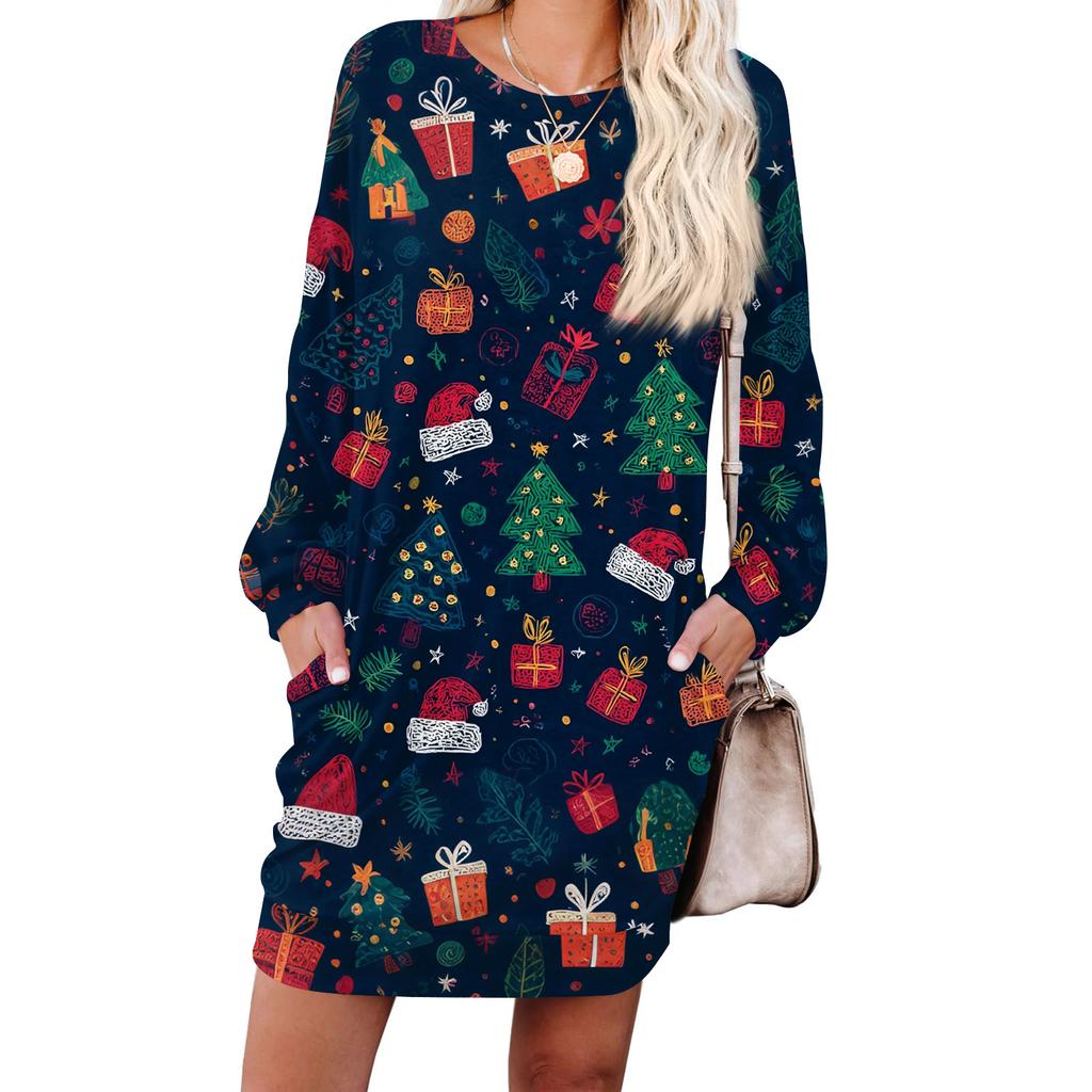 Women's Snowflake Print Fashionable Long-sleeved Round-neck Pocket Dress