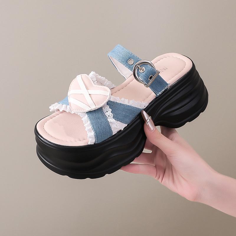 Modne 7,5CM Letnie Damskie Kapcie Damskie Plażowe Japonki Grube Jeansowe Buty Koturny Obcasy Zewnętrzne Sandały Kobieta Wysokie Platformy Kapcie