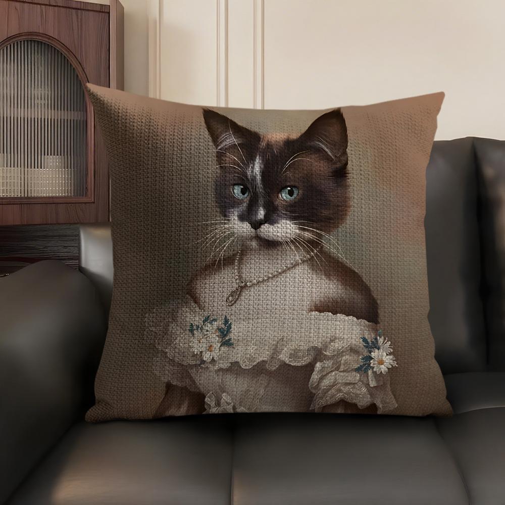 Renaissance Royal Cat Cushion Cover Natural Linen Organic Fabric DoubleSided Printing Sofa Home Decor Gift Pillow Case