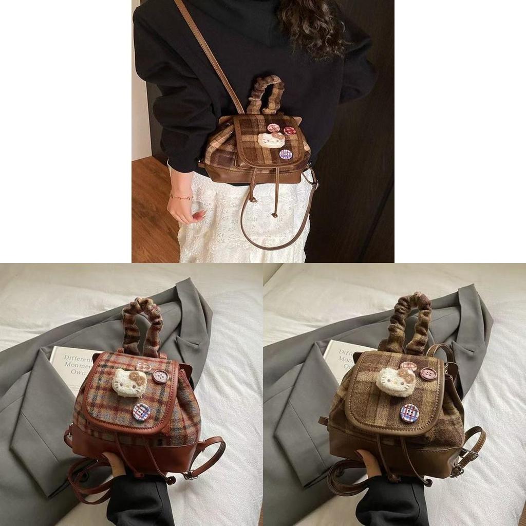 Hello Kitty Pu Backpack With Vintage Plaid Pattern For Commuting And Casual Outings