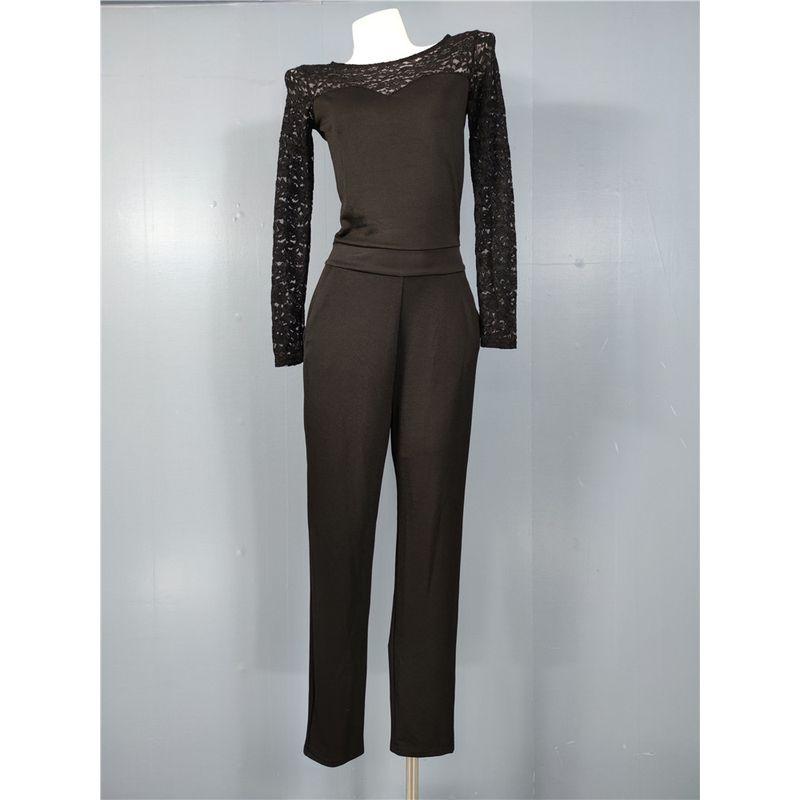 

Export Single Spring Fashion New High Waist Beautiful Waist-Tight Slim Looking Lace Sheer Long Sleeve Easiest for Match Black Jumpsuit Black XL