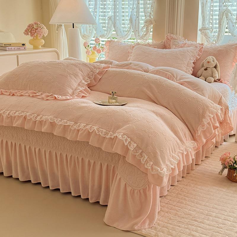 French Bed Cover Lace Thickened Milk Fleece Four-Piece Double-Sided Baby Fleece 1.8