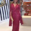 Kvinner aftenkjole Delte ermer Dyp V-hals Skinnende paljett Slim Fit Tight midjeknute Plissert Full lengde Ensfarget Lady Ball Bankett Maxikjole