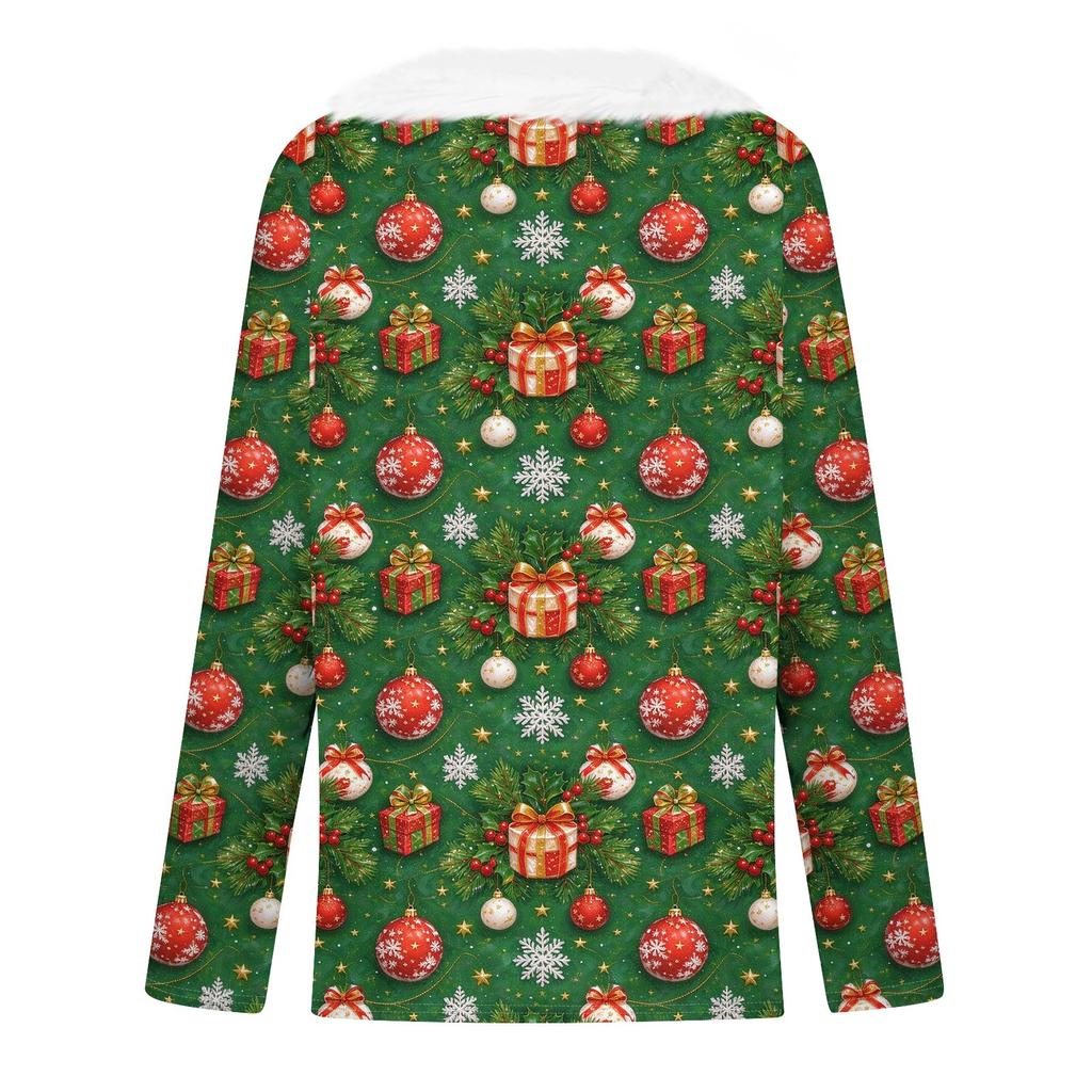 Women's Long Sleeve Christmas Print V-Neck Top with Plush Collar for Winter