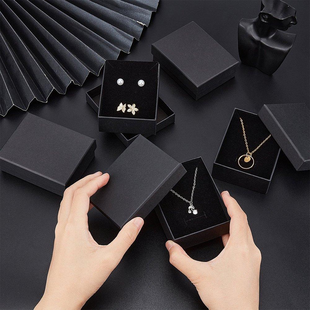 12pcs Kraft Cotton Filled Cardboard Paper Jewelry Set Boxes for Ring Necklace Earring with Sponge inside Rectangle Black 9x7x3cm