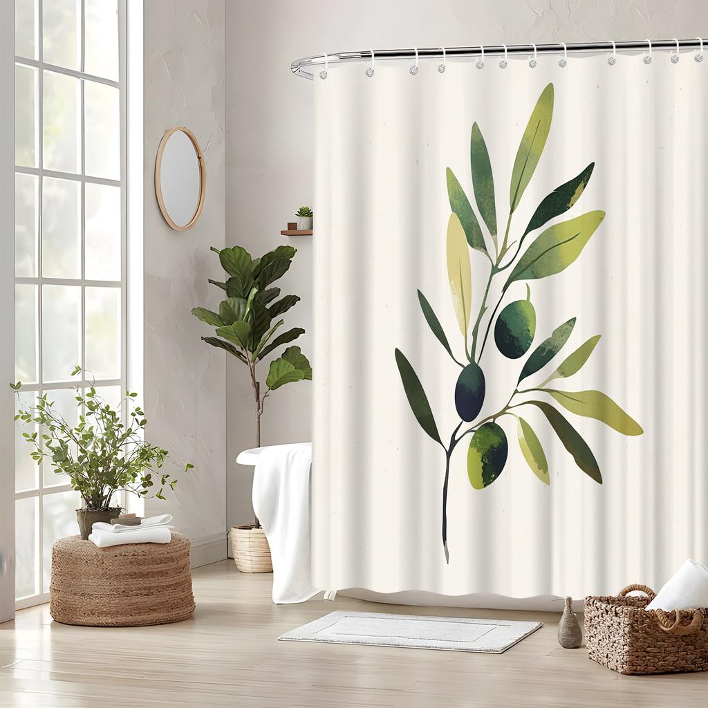 Olivenzweig Duschvorhang - 70,8 x 70,8 Zoll, Polyester, Maschinenwaschbar, Botanisches Thema, Elegantes Minimalistisches Design