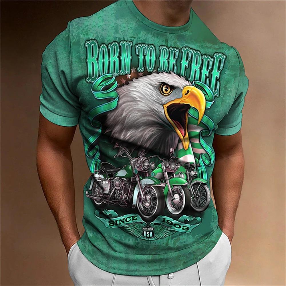 Men's Animal Pattern T-Shirt, Eagle, Motorcycle, 3D Print, Vintage Trendy Loose Large Size Casual Street Short Sleeve Top