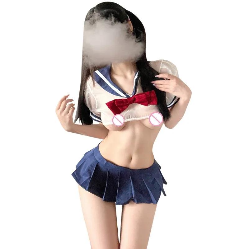 School Girl Cosplay Costume Women Sexy Lingerie Outfit Student Uniform Erotic Babydoll Crop Tops with Lace Miniskirt Panties