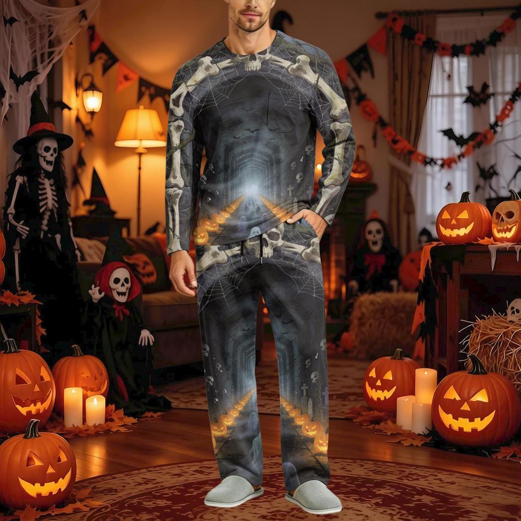 Men's Halloween Pajama Set Long Sleeve Long Pants with Crotch Buttons and Elastic Drawstring Waist
