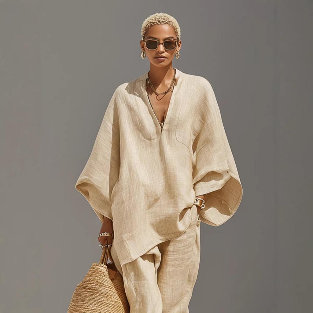 Women's V Neck Batwing Sleeve Pocket Loose Shirt And Elastic Cuff Jogger Pants Two Piece Linen Look Casual Set