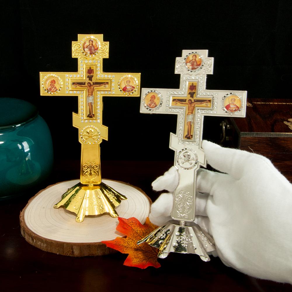 Jesus Crucifix Sculpture Jesus Cross Statue Orthodox Figurine Standing Crucifix for Home Altar Living Room Table Bedroom