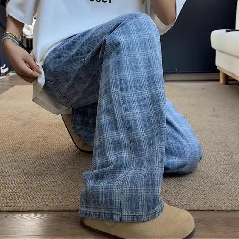 American High Street Vibe High Waist Pants Men's Summer Retro Blue Plaid Casual Pants Straight Micro-pull Pants