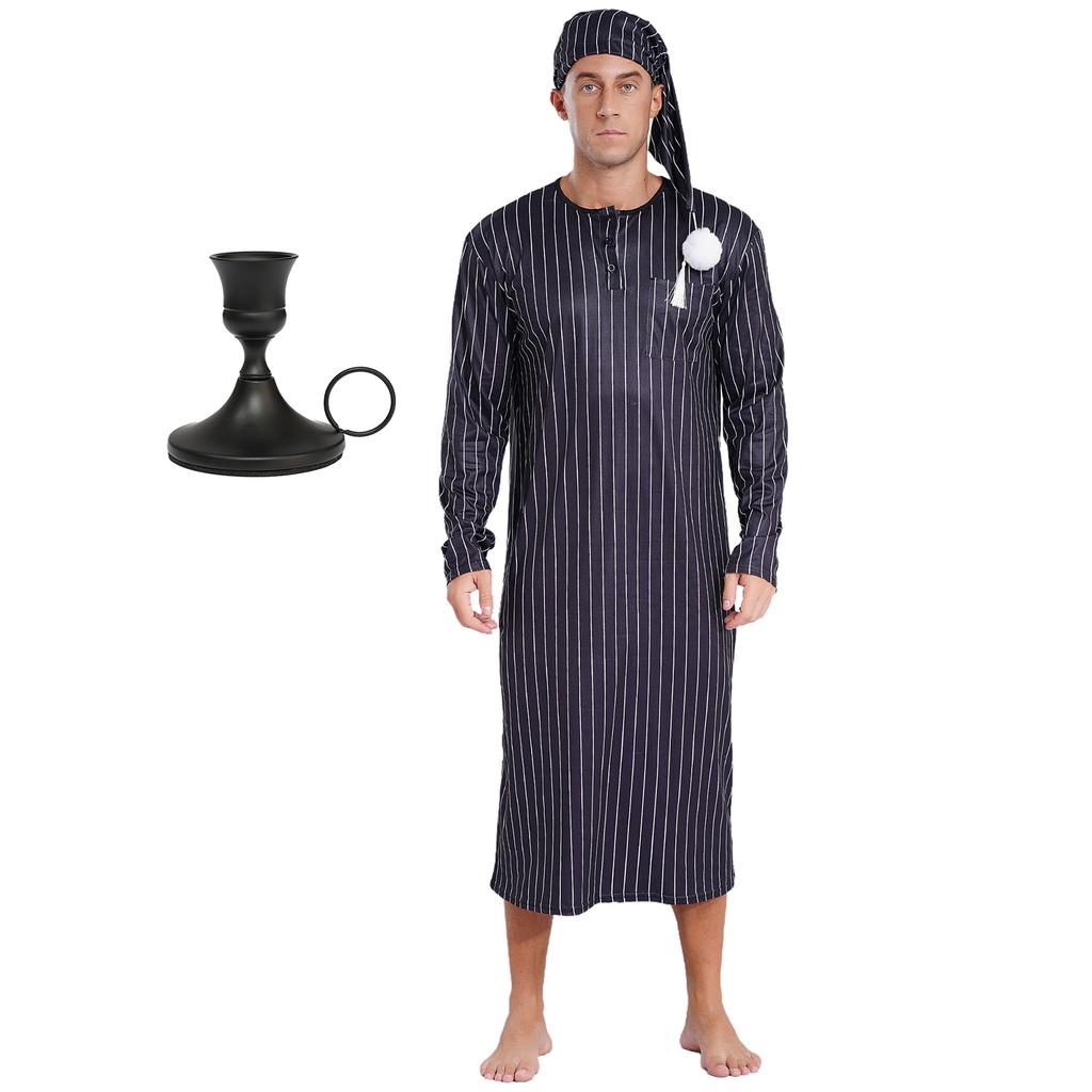 Men's Christmas Pajama Set Striped Sleep Dress Robe with Matching Hat and Candle Holder