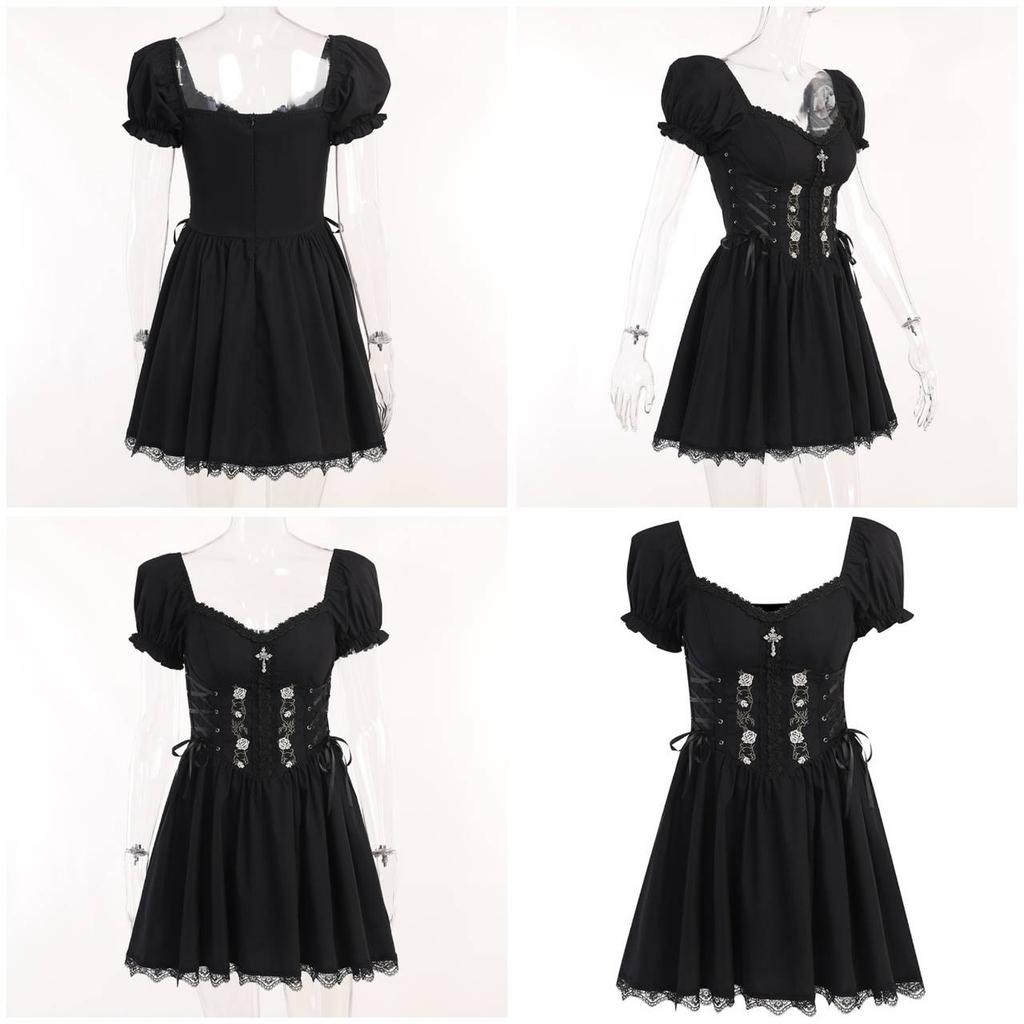 Goth Gothic Vintage Princess Dress Women Dark Lace Up Cross Corset Streetwear Partywear Lolita Female