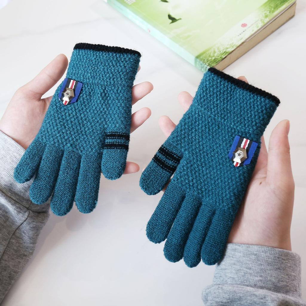 Winter Warm Gloves for Students Five Finger Separate Wool and Velvet Thickened Solid Color Full Finger Gloves