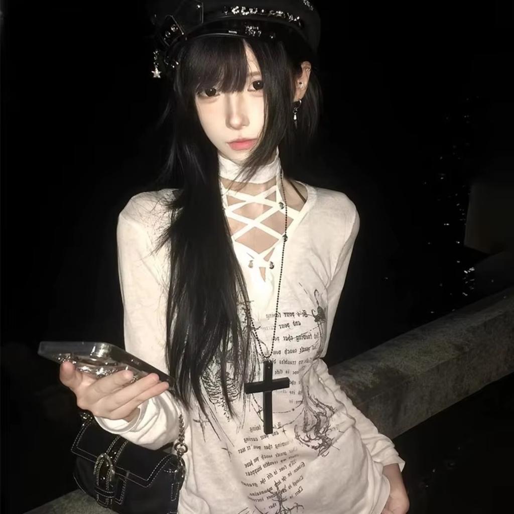 2KWEIRD Chic Print Graphic T Shirts Woman Lace Up Youthful 2000s Clothes Y2k Long Sleeve Tees Female Clothing T-shirt Spring Top