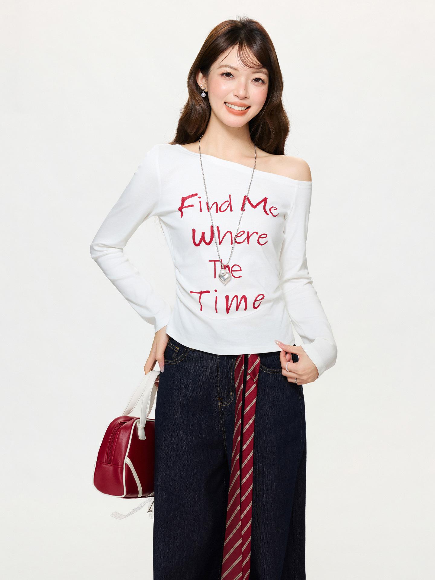 

American Spice Girl Slant Neck Off-Shoulder Letter Print Contrast Color Long Sleeve T-Shirt Women s Spring Design Waist Top S белый