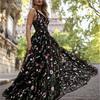Women Sexy Sleeveless Backless Deep-V Embroider Floral Print Party Maxi Dress