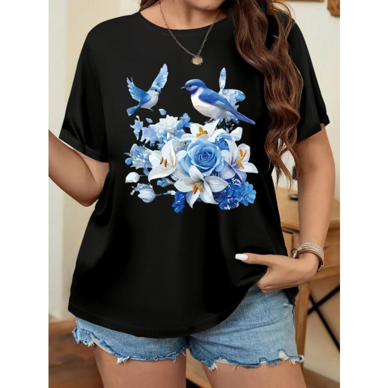 

Women s Large Size Short Sleeve T-Shirt Summer Women s Flower Front Print Large Size Short Sleeve T-Shirt Top 5XL