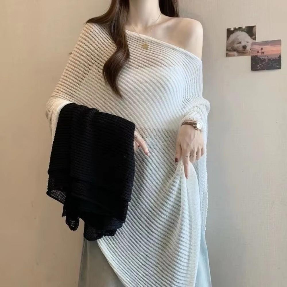 Transparent Sunscreen Cover Up Stripe Patchwork Bohemian Shawl Casual Crochet Hollow Top Vacation