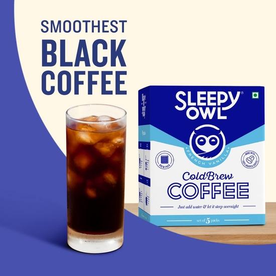 Sleepy Owl French Vanilla Cold Brew Coffee Bags | Set of 5 Packs - Makes 15 Cups | Easy 3 Step Overnight Brew - No Equipment Needed | Medium Roast