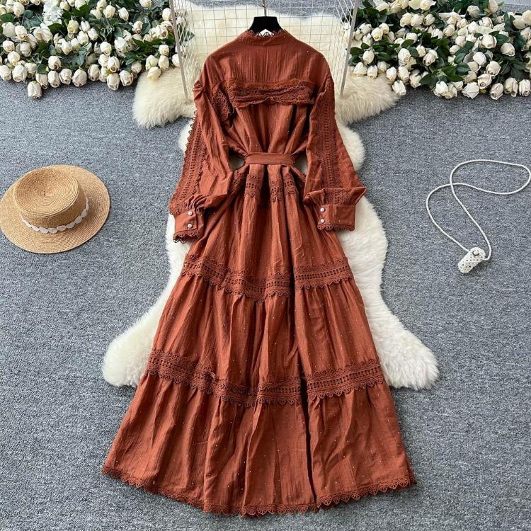 Sexy Vintage Lace Lace Up Glitter A Line Long Sleeve Beach Dress Chic Summer Vacation Vestidos for Women