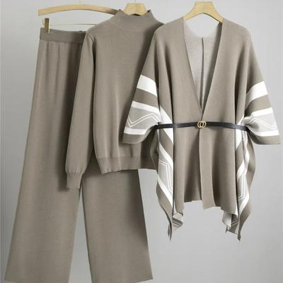 Korean Elegant Knitted 3 Piece Sets Women Sweater Pullover+chic Design Shawl Tops Conjuntos High Waist Wide Leg Pants Outfit New