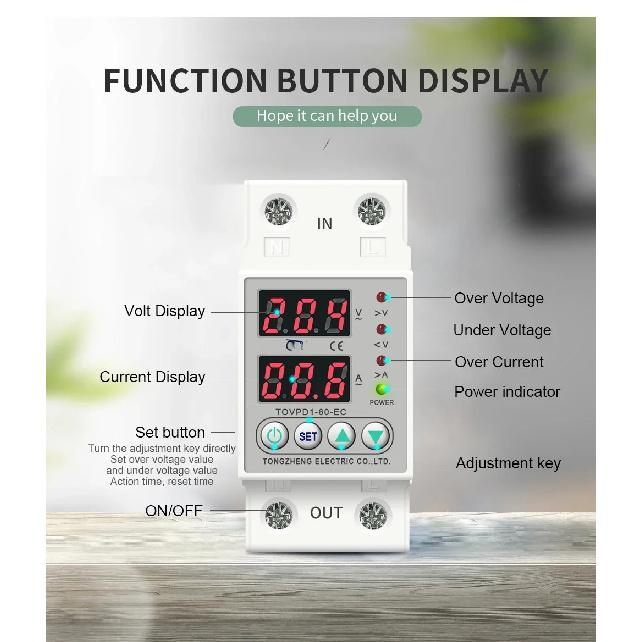 Din Rail Dual Display Adjustable Over Voltage Current And Under Voltage Protective Device Protector Relay 40A 63A 80A 220V 230V