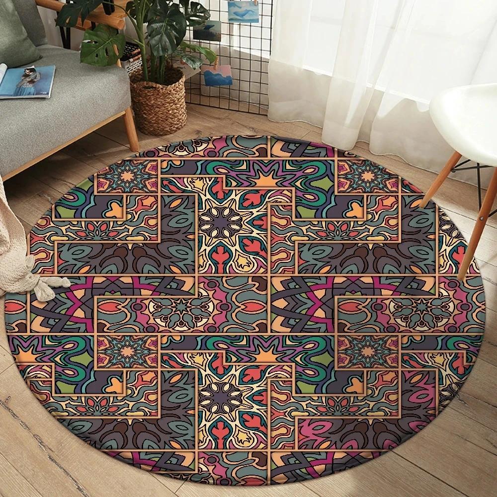 Alfombra Redonda Mandala Boho Alfombra de Área con Estampado Floral Colorido Para Sala de Estar Dormitorio Silla Felpudo Antideslizante para Suelo Hogar Cocina Felpudo de Puerta