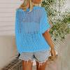 Women Casual Tops O-neck Short Sleeve See-through Crochet Hollow Knit Sweater Top Solid Color Loose Fit Pullover Tee