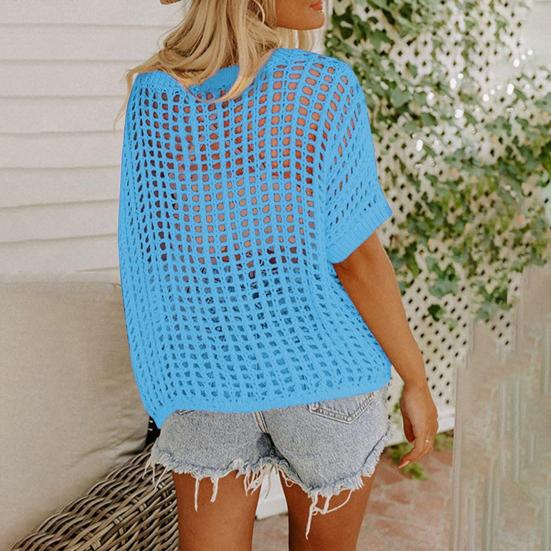 Dámské ležérní topy s výstřihem do O, krátký rukáv, průhledné háčkované duté pletené svetry, jednobarevné svetrové tričko volného střihu