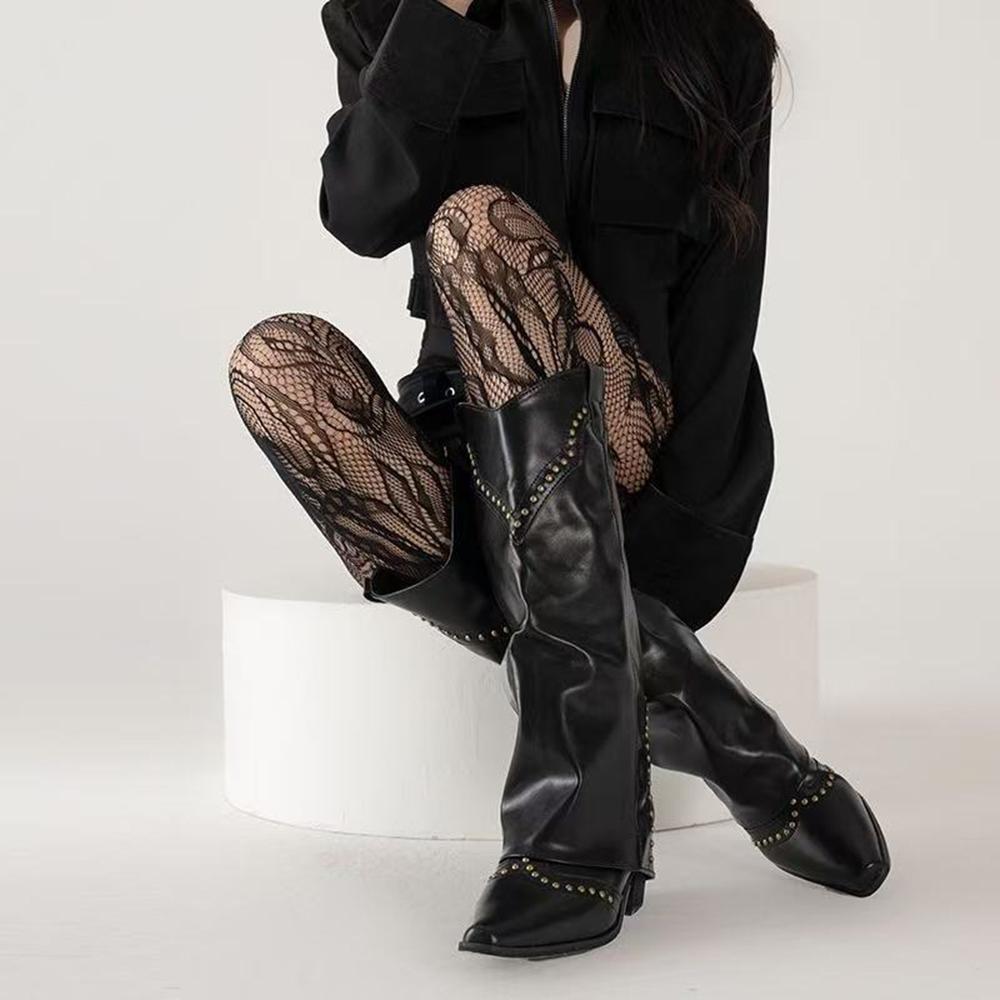 Hollow Black Flower Women Stockings Y2K Lace Tights Floral Patterned Girls Party Pantyhose Stockings Mesh Long Socks
