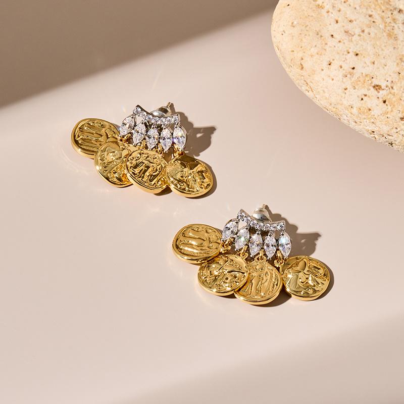 

Retro European & American French-Greek Portrait Gold Coin Earrings: Gold/Silver Colorblock, Trendy 925 Silver Needle.