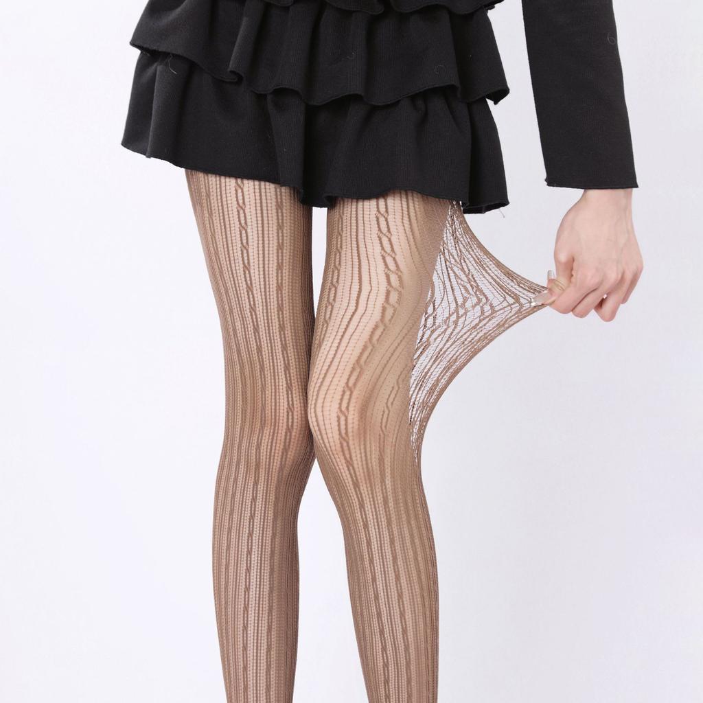 Sexy Hollow Lace Fishnet Socks American Stockings Retro Coffee Vertical Striped Pantyhose Women With Leg Covers