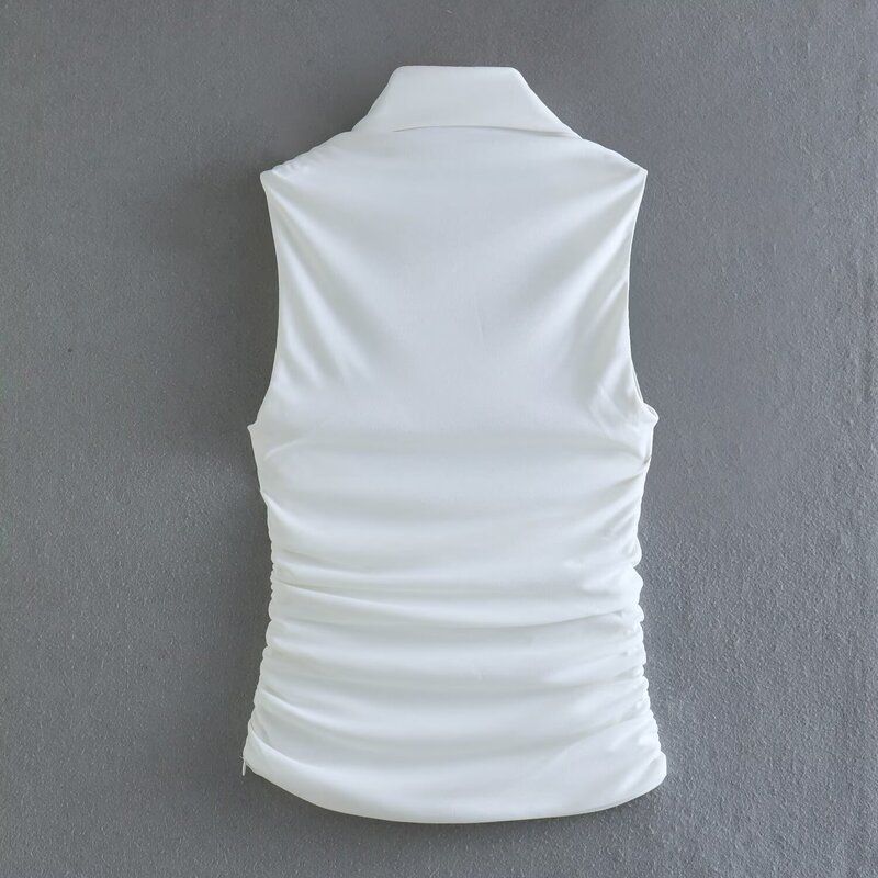 European and American Summer New Women Clothes Neck Collar Sleeveless Slim Fit Short Pleat Knit Vest Top 2694636