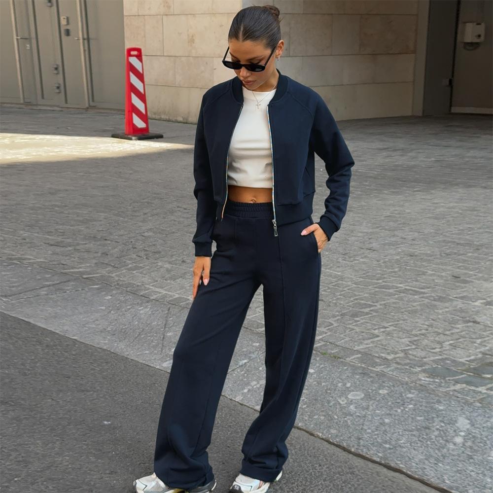 Europe, America, autumn and winter new fashion casual short waist zipper jacket straight pants sweater set